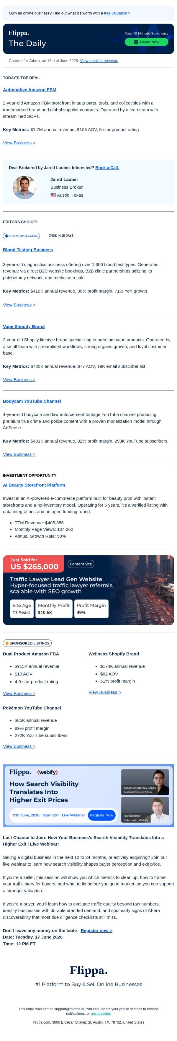 71% Growth Blood Testing Biz + $1.7M Automotive FBM + 82% Margin Bodycam Channel email from Flippa screenshot