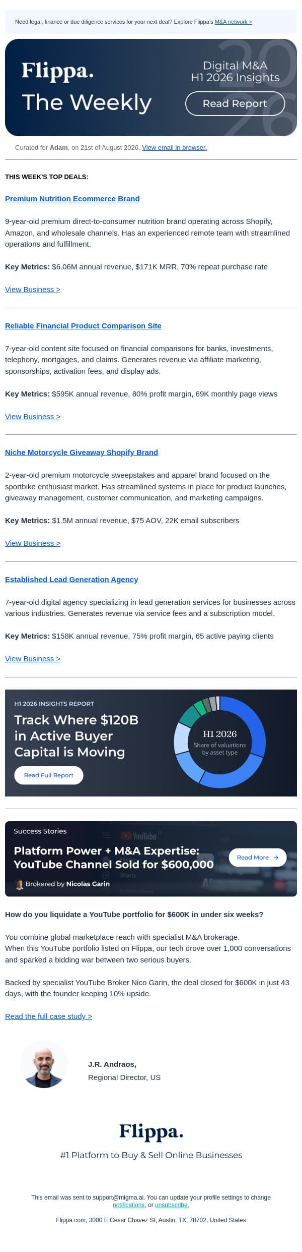$6.06M Annual Revenue Nutrition Brand + More email from Flippa screenshot