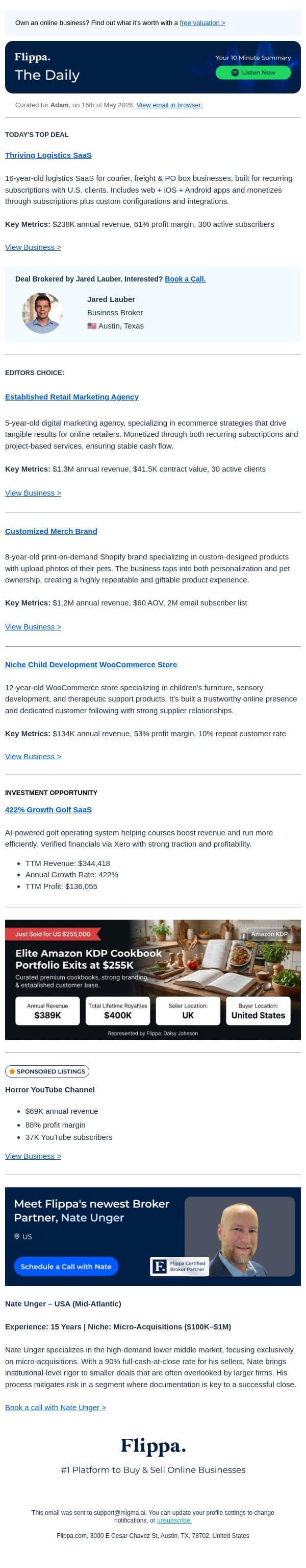 $1.2M Retail Agency + 16-Yr Logistics SaaS + 2M Subs Merch Brand email from Flippa screenshot