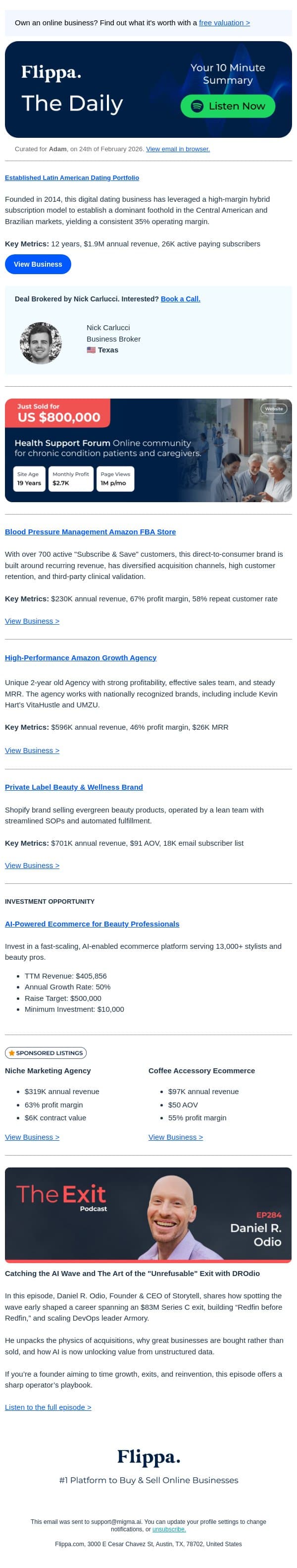 $1.9M Annual Rev Dating SaaS Portfolio + More email from Flippa screenshot