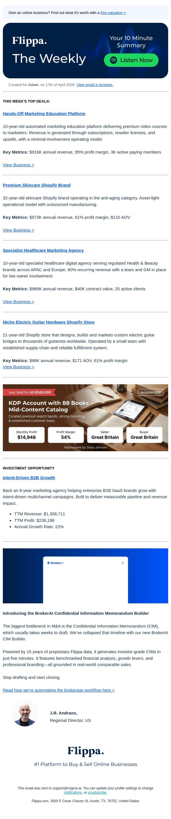 This Week's Top Deals including a Marketing Education Platform and more. email from Flippa screenshot