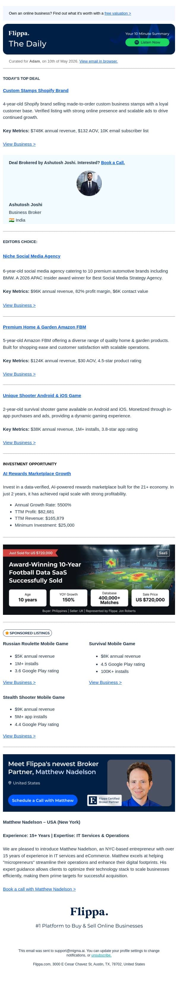 $748K Custom Stamp Brand + 82% Margin SocMed Agency + 1M+ Installs Shooter Game email from Flippa screenshot