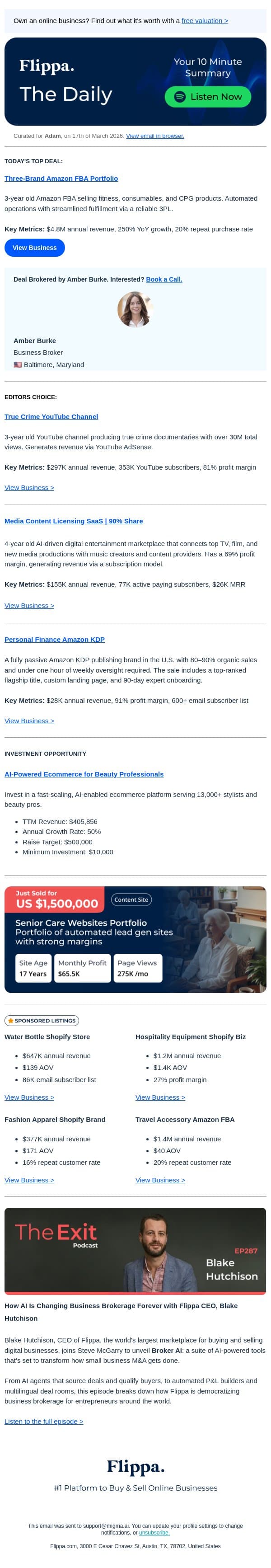Today's Top Deals including 3-brand Amazon portfolio and more. email from Flippa screenshot