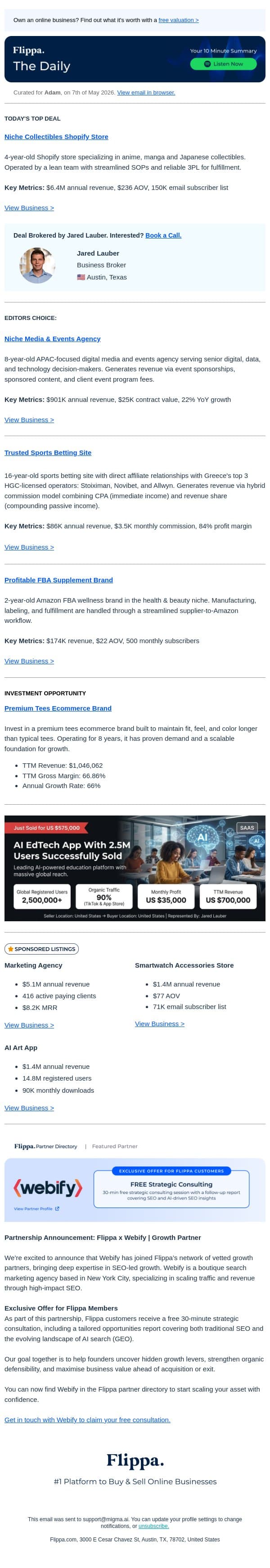 22% Growth Events Agency + 84% Margin Betting Site + $6.4M Collectible Store email from Flippa screenshot
