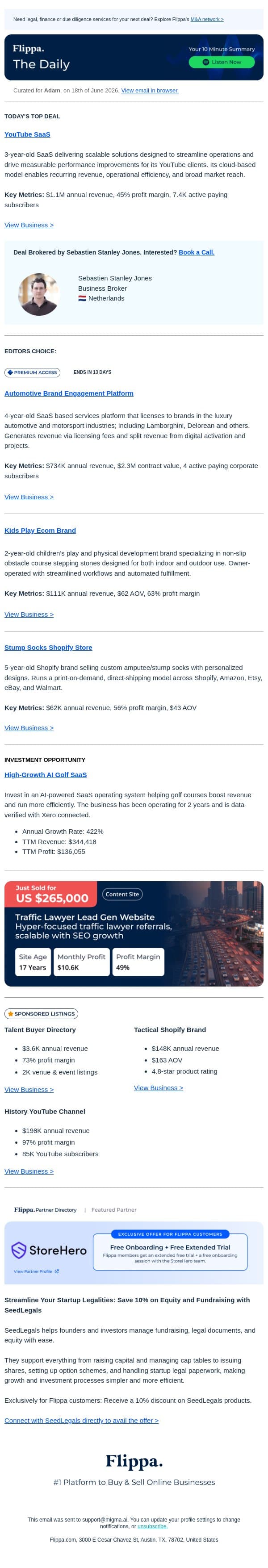 $2.3M Contract Value Brand Platform + $1.1M YouTube SaaS + 63% Margin Kids Play Brand email from Flippa screenshot