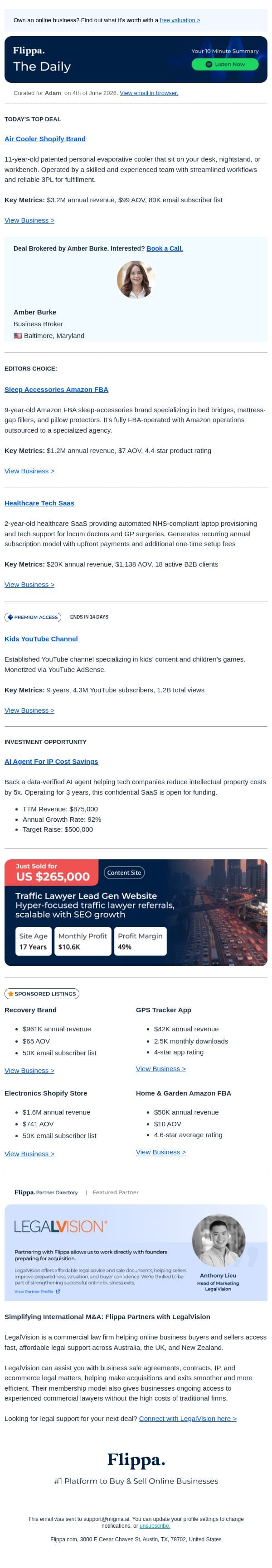 $3.2M Air Cooler Brand + 4.3M Subs Kids YT Channel + 9-Yr Sleep Accessories Brand email from Flippa screenshot
