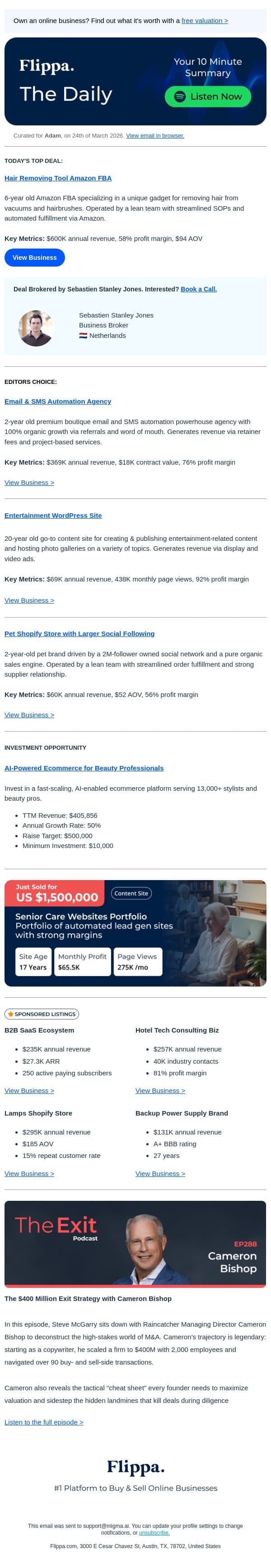 State-of-the-art Hair Removing Tool Amazon FBA email from Flippa screenshot