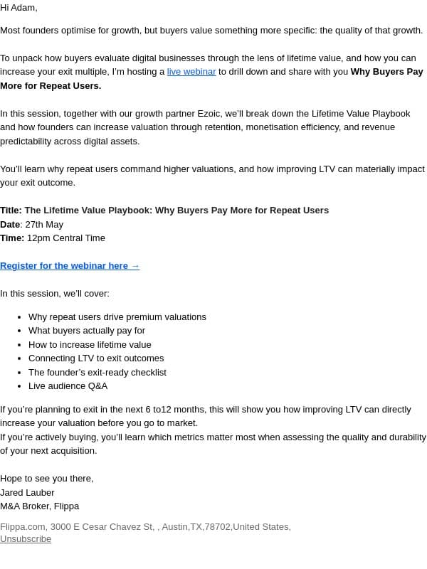 [Webinar] How LTV, Retention, and Revenue Stability Directly Impact Your Exit Multiple email from Flippa screenshot