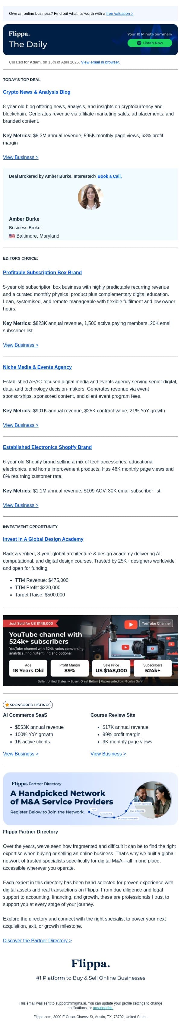 Over Half a Million Page Views | Crypto New & Analysis Blog email from Flippa screenshot