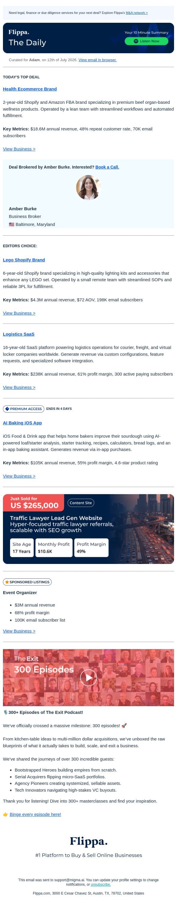 $18.6M Health Brand + 4.6-star Baking App + 300th The Exit Ep email from Flippa screenshot