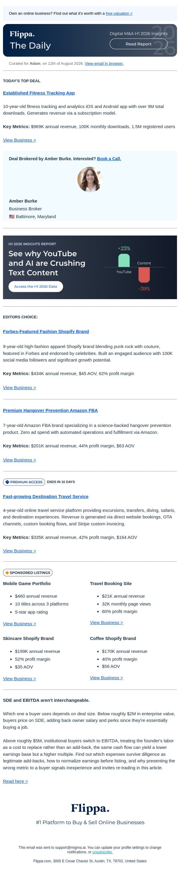 1.5M Users Fitness Tracking App + 62% Margin Fashion Brand + 7-Yr Hangover Prevention Brand email from Flippa screenshot
