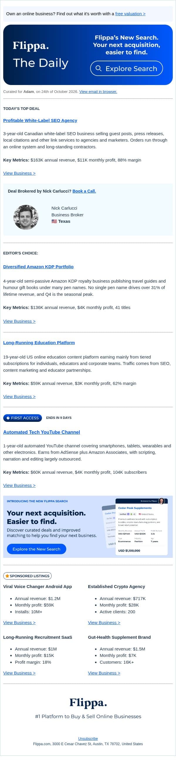 $163K White-Label SEO Agency + 4-Yr Amazon KDP Portfolio email from Flippa screenshot