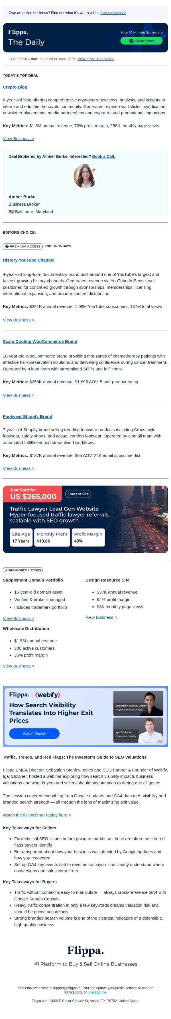 1.08M Subs History Channel + $1.3M Crypto Blog + Webify Webinar Replay email from Flippa screenshot