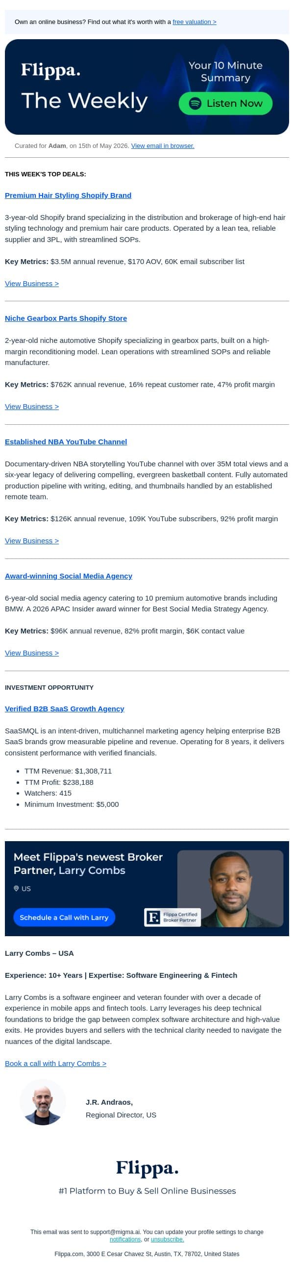 $3.5M Hair Styling Brand + 35M Views NBA Channel + 82% Margin SocMed Agency email from Flippa screenshot