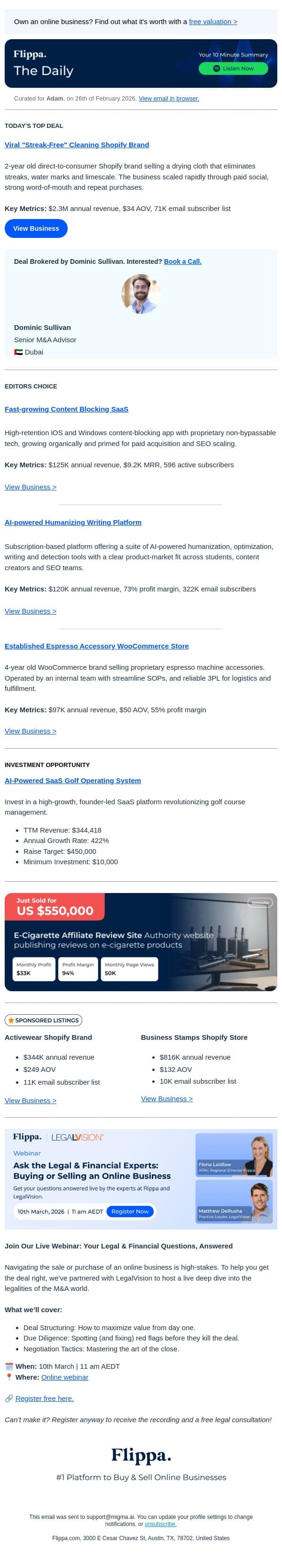 Viral "Streak-Free" Cleaning Shopify Brand making $2.3M Annual Rev + More email from Flippa screenshot