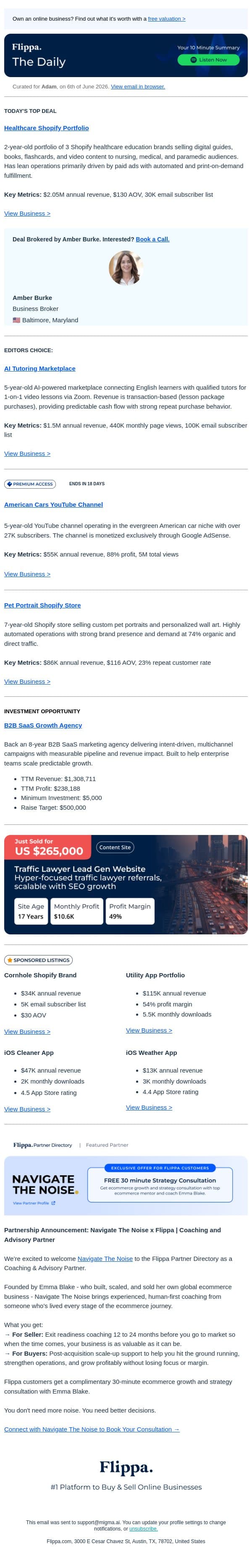 440K Monthly Views Tutoring Marketplace + $2M Healthcare Brands + 88% Margin Cars Channel email from Flippa screenshot
