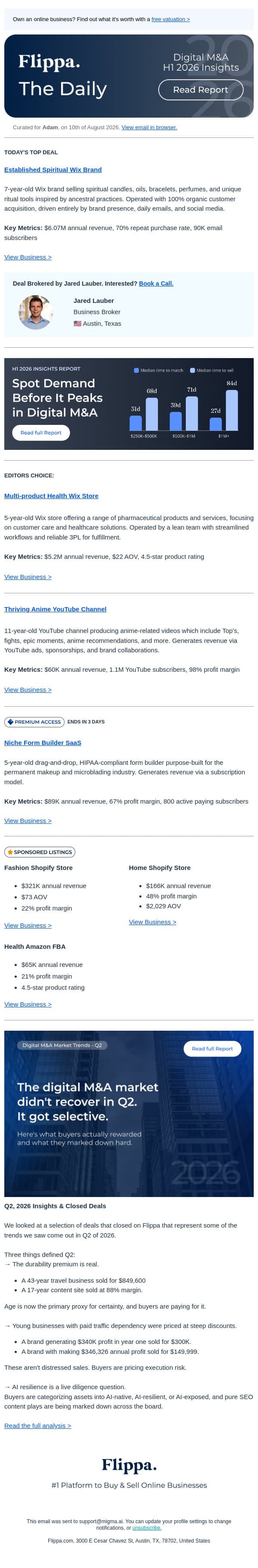 $6.07M Spiritual Tools Brand + 4.5-star Health Brand + Anime YT Channel with over 1M subscribers email from Flippa screenshot