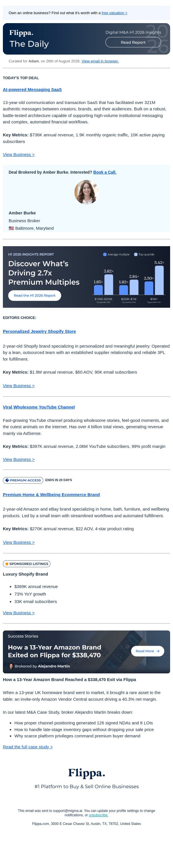 $1.9M Jewelry Brand + 13-Yr Messaging SaaS email from Flippa screenshot