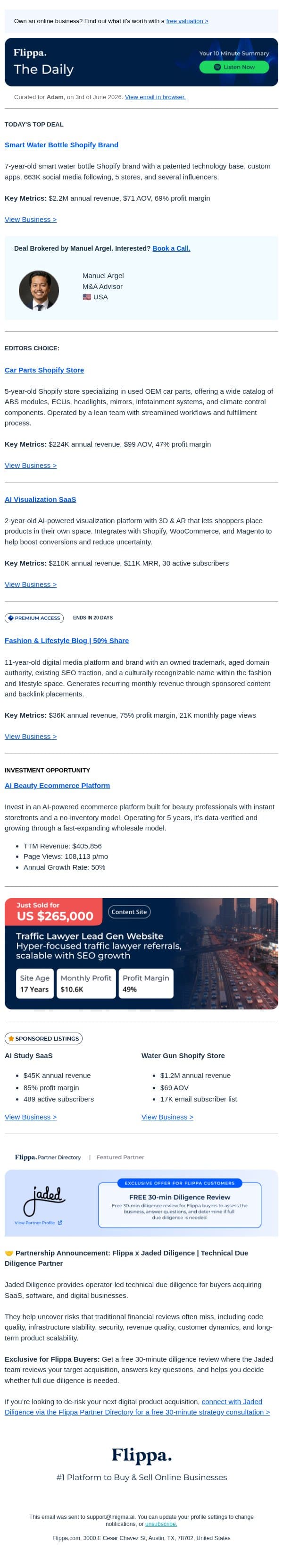 11-Yr Lifestyle Blog + $2.2M Water Bottle Brand + $11K MRR Visualization SaaS email from Flippa screenshot