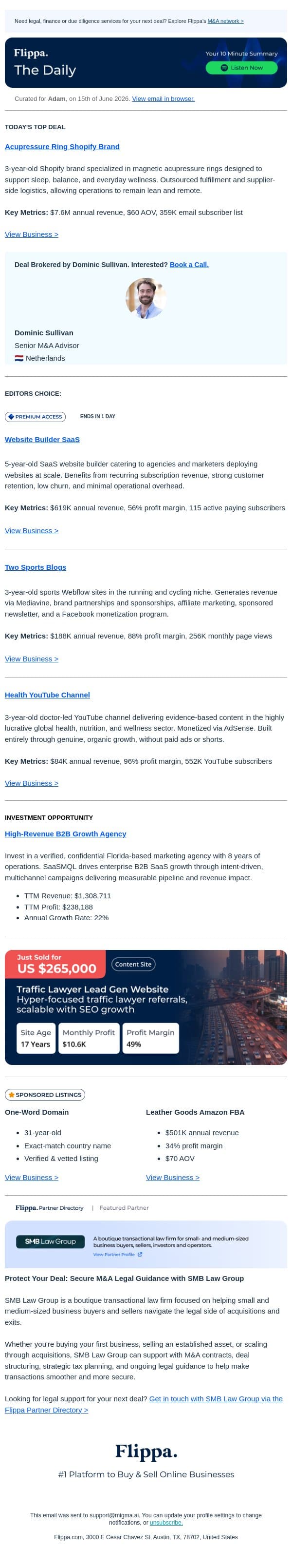 $7.6M Acupressure Ring Brand + 256K Views Sports Blogs + 96% Margin Health YT Channel email from Flippa screenshot