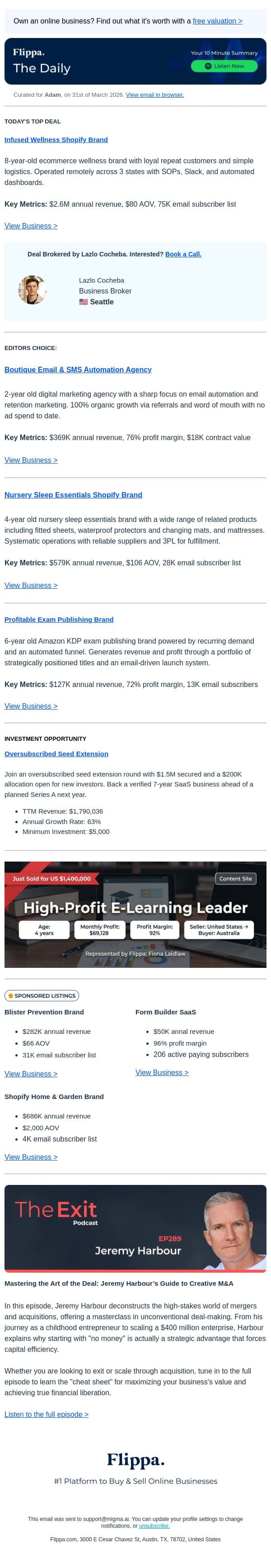 $2.6M Annual Rev Infused Wellness Shopify Brand email from Flippa screenshot