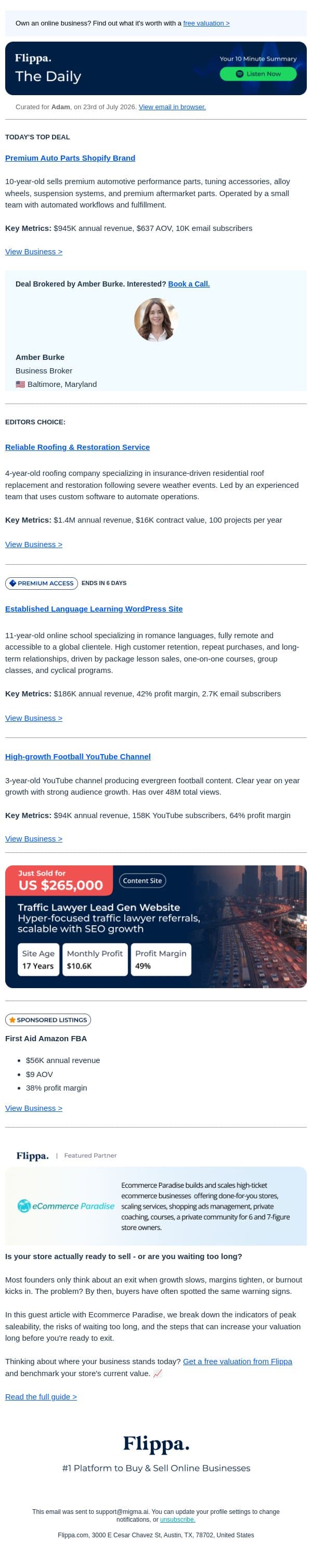 10-Yr Auto Parts Brand + $1.4M Roofing Biz + 48M Views Football Channel email from Flippa screenshot