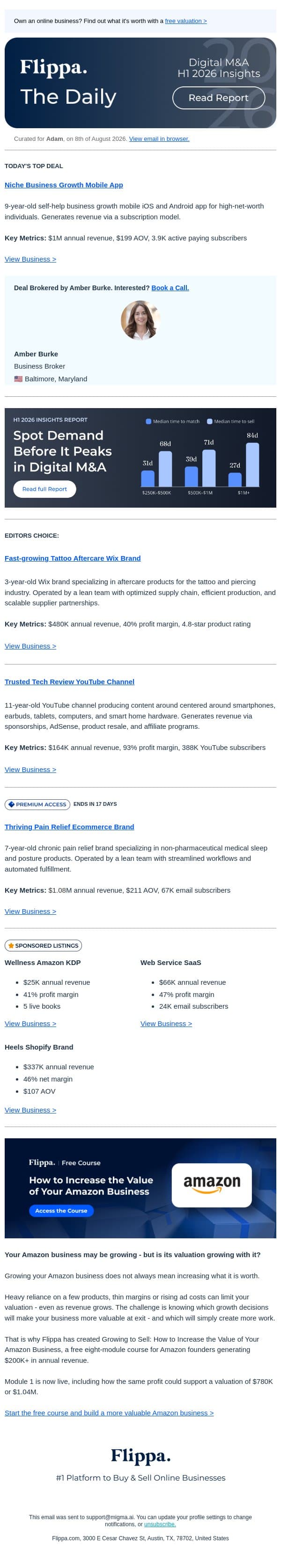 $1M Annual Revenue Self-help Mobile App + More email from Flippa screenshot