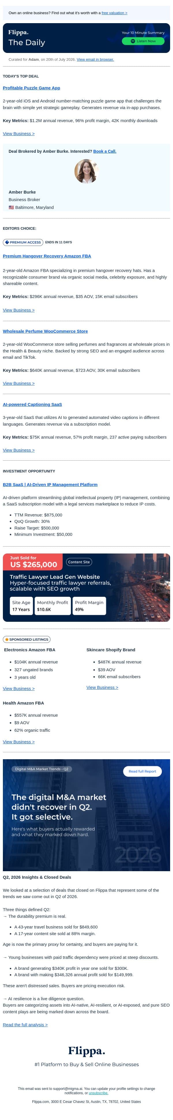 $1.2M Puzzle App + Viral Hangover Brand + 3-Yr Caption SaaS email from Flippa screenshot
