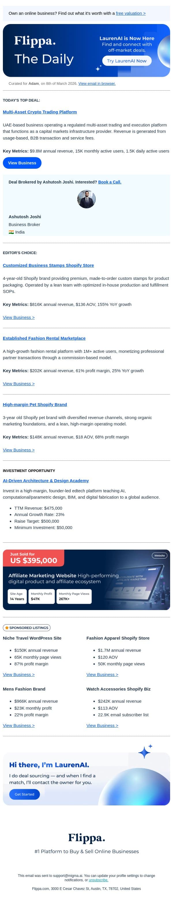 $9.8M Regulated Trading Platform (+ 4 New Deals) email from Flippa screenshot