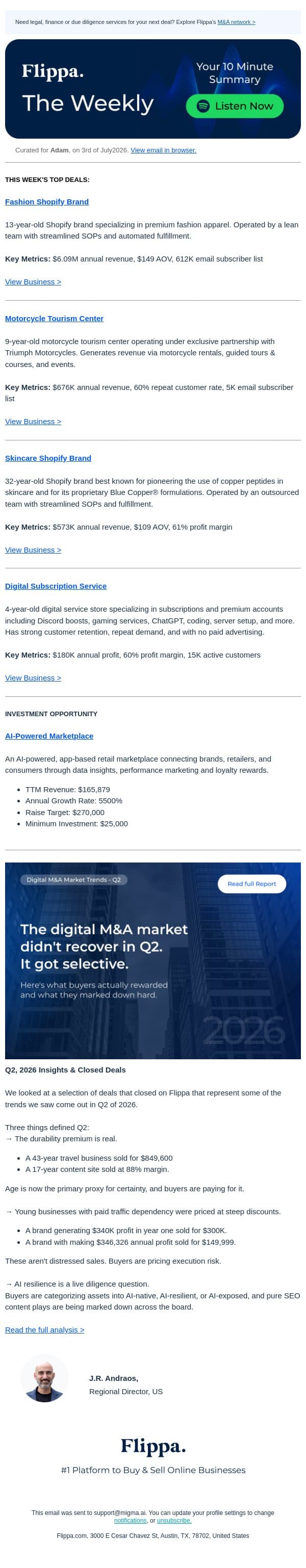 $6.09M Fashion Brand + 32-Yr Skincare Brand + Motorcycle Center w/ 60% Repeat Customer Rate email from Flippa screenshot