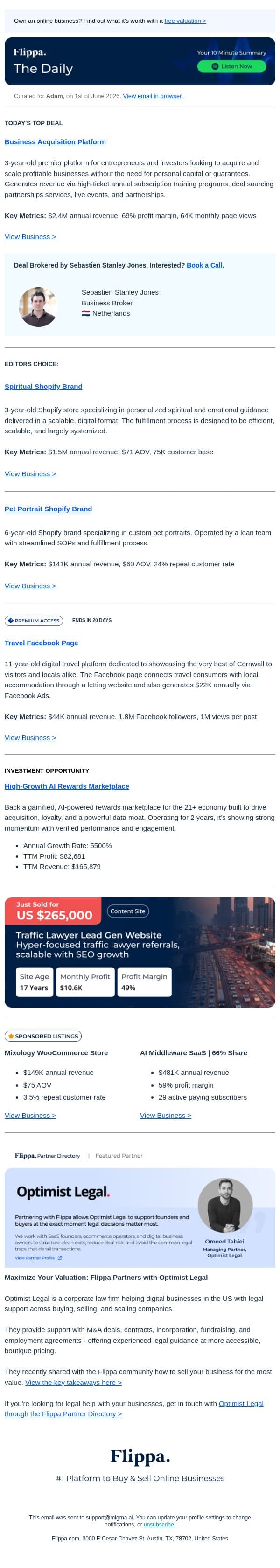 $2.4M Biz Acquisition Site + 6-Yr Pet Portrait Brand + Travel FB Page with 1.8M Followers email from Flippa screenshot