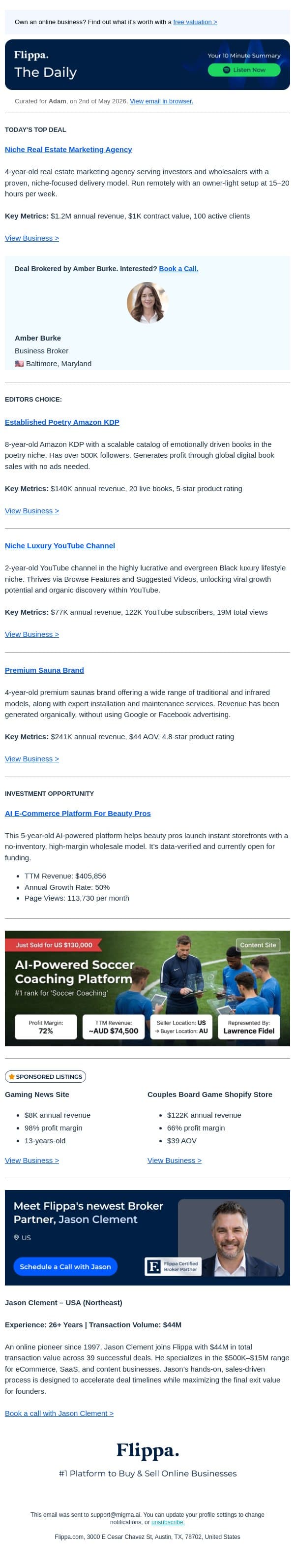 5-Star Poetry Amazon KDP + $1.2M Real Estate Marketing Agency + 122K Luxury YT Channel email from Flippa screenshot