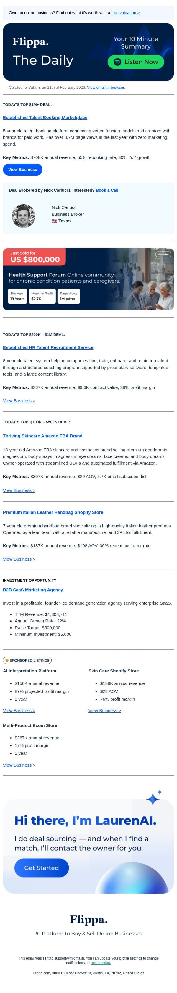 8.7M views with $0 marketing (and a new 87% margin AI deal) email from Flippa screenshot