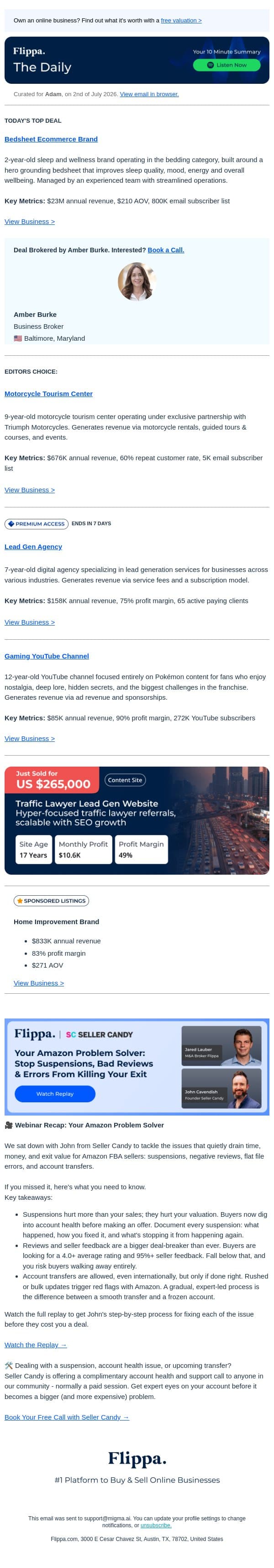 $23M Bedsheet Brand + 90% Margin Gaming Channel + 9-Yr Motorcycle Center email from Flippa screenshot