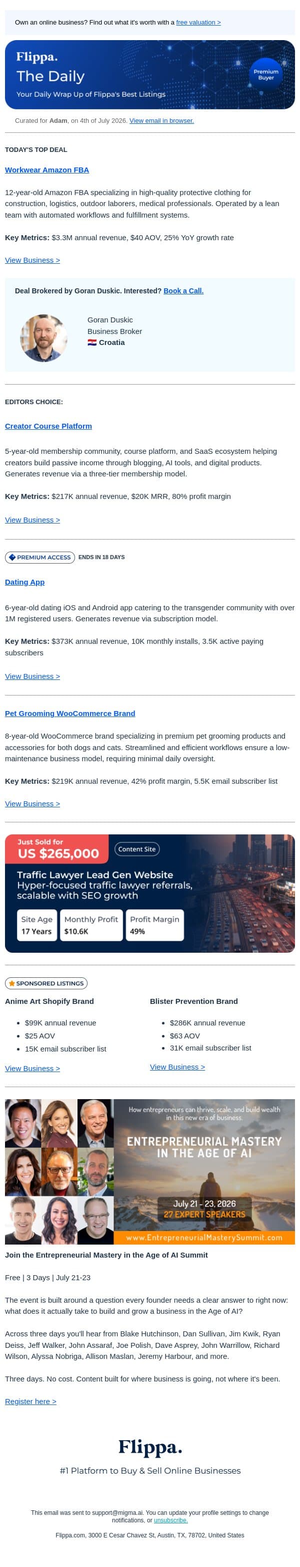 $3.3M Workwear Brand + 80% Margin Course Platform + Dating App w/ 1M registered Users email from Flippa screenshot