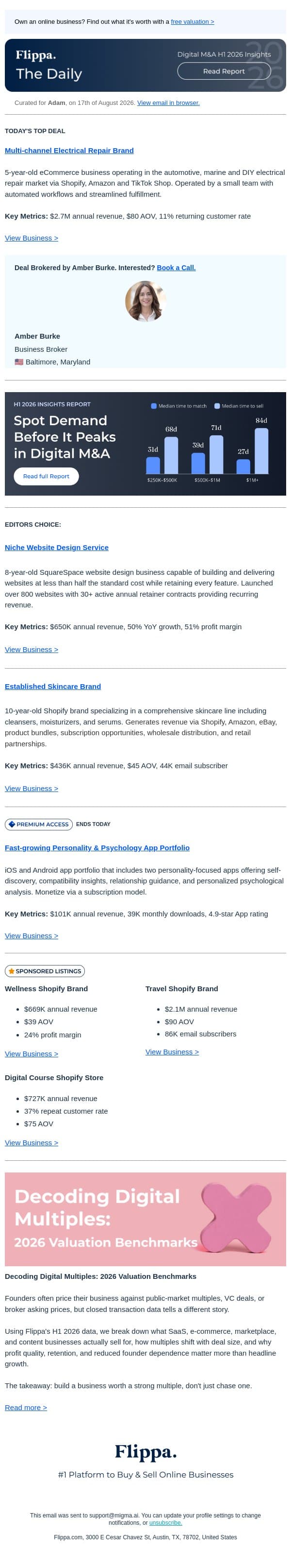 $2.7M Electrical Repair Brand + 51% Margin Web Design Service + 4.9-Star Personality & Psychology App Portfolio email from Flippa screenshot
