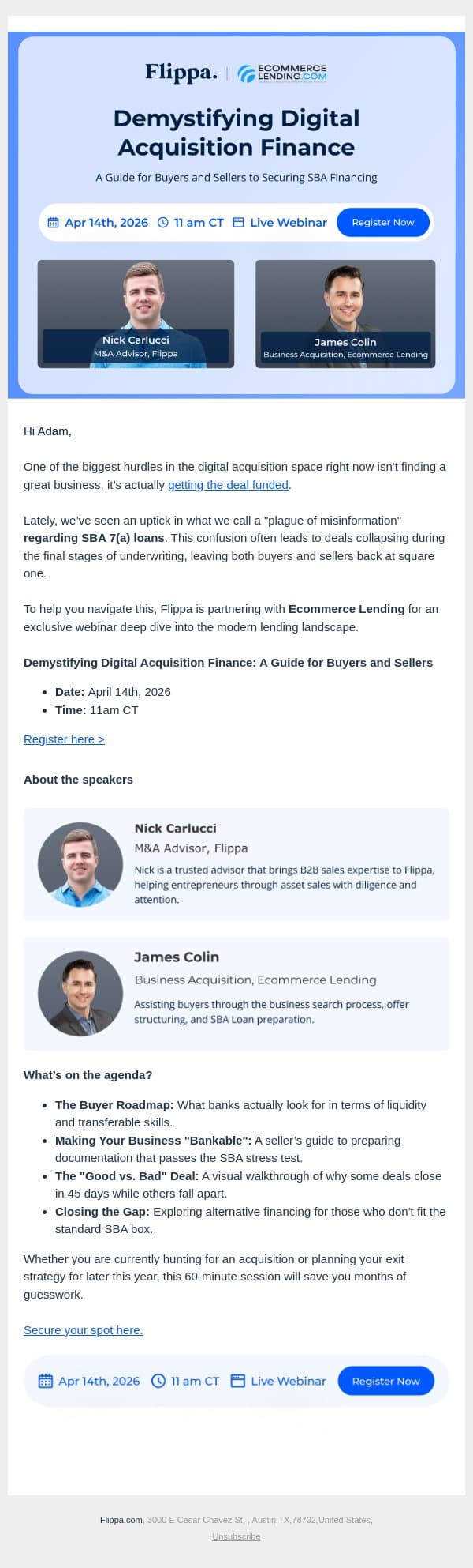 Live Webinar: The "Plague of Misinformation" Killing Digital Deals (Webinar Invite) email from Flippa screenshot