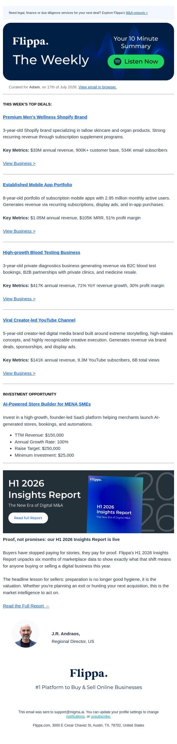 $33M Men's Wellness Brand + 71% Growth Blood Testing Biz + 9.3M Subs Viral Channel email from Flippa screenshot