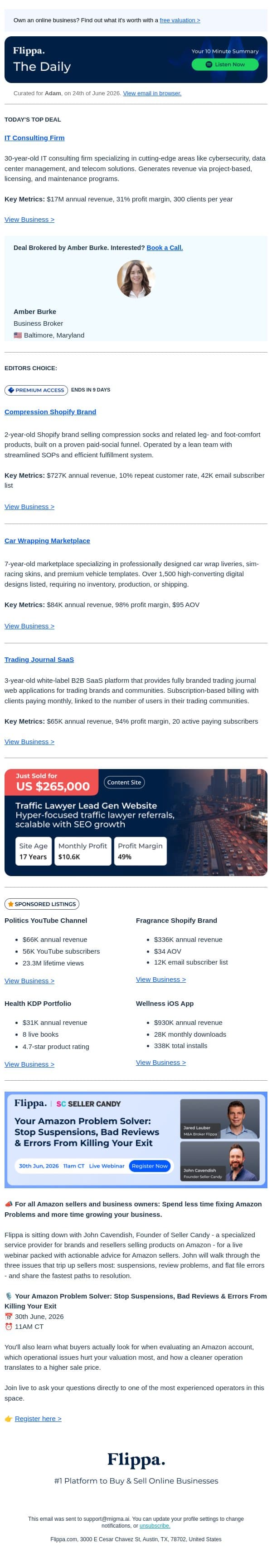 $17M IT Firm + 98% Margin Car Wrapping Brand + Seller Candy Webinar email from Flippa screenshot