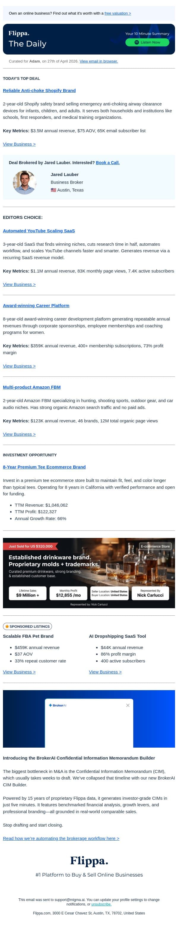 $3.5M Anti-Choke Brand + $1.1M YouTube Scaling SaaS + $359K Career Platform🚀 email from Flippa screenshot