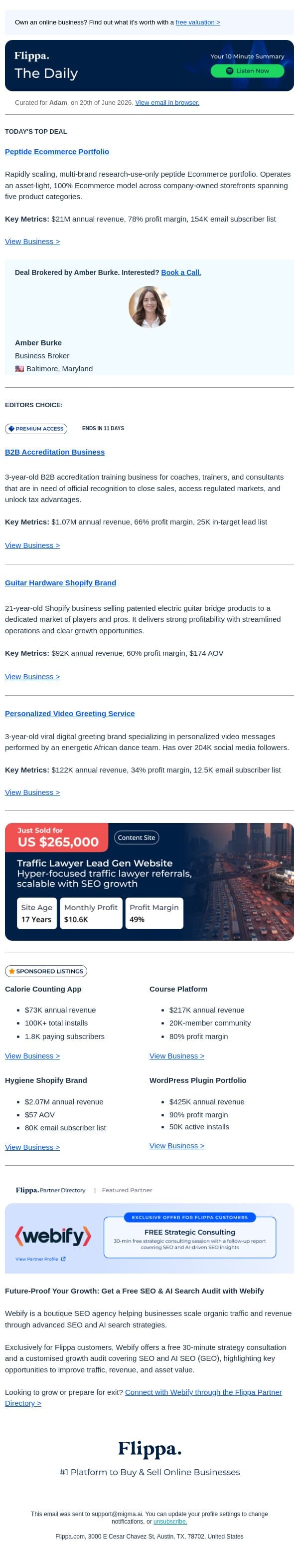 $21M Peptide Brand Portfolio + 66% Margin Accreditation Biz + 21-Yr Guitar Hardware Brand email from Flippa screenshot