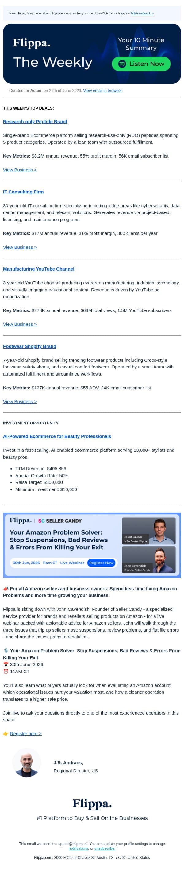 $8.2M Peptide Brand + 1.5M Subs Manufacturing Channel + 30-Yr IT Firm email from Flippa screenshot