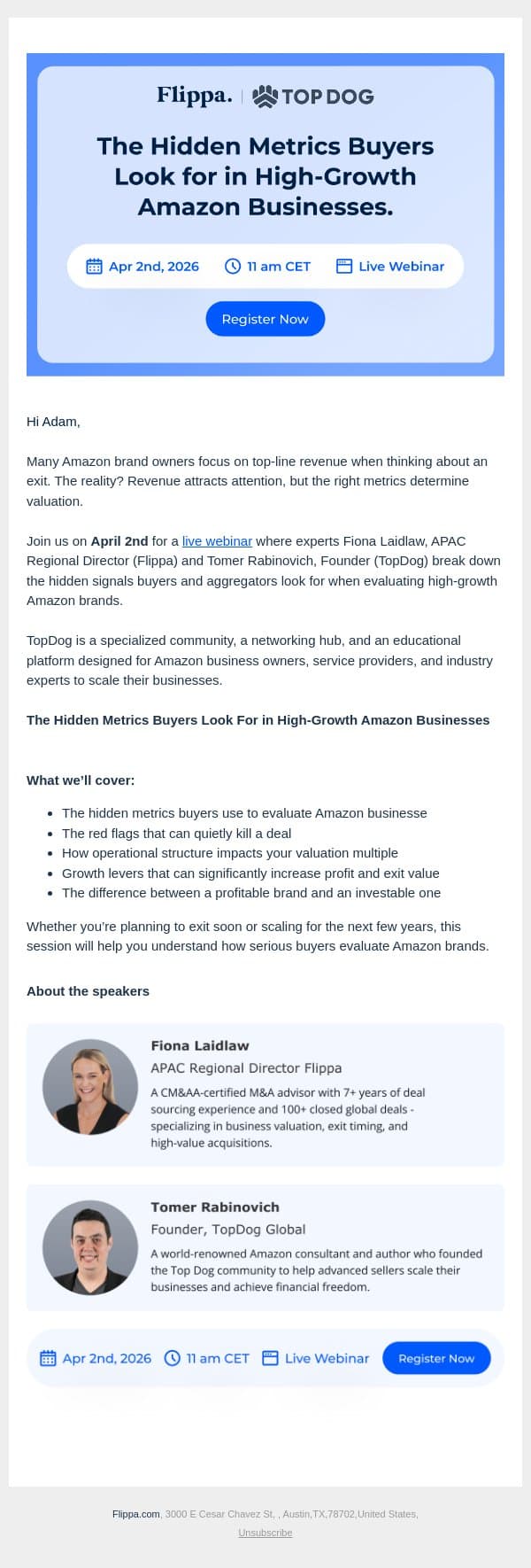 Live Webinar: The Hidden Metrics Buyers Look For in High-Growth Amazon Businesses email from Flippa screenshot