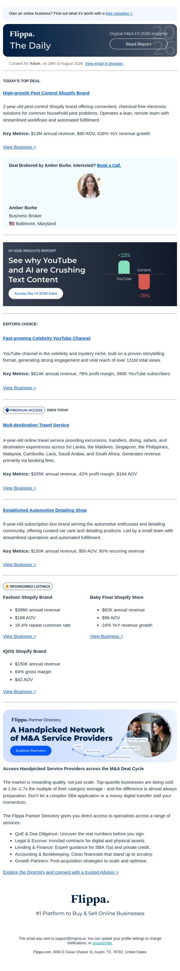 $13M Annual Rev Pest Control Brand + 390K Subs Celebrity YouTube Channel email from Flippa screenshot