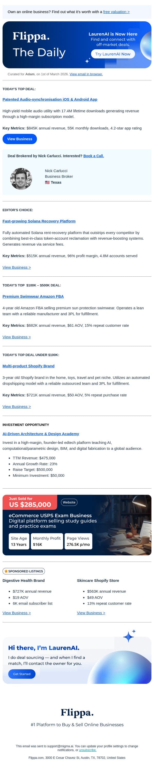 $845K Annual Rev Audio-synchronisation iOS & Android App + More email from Flippa screenshot