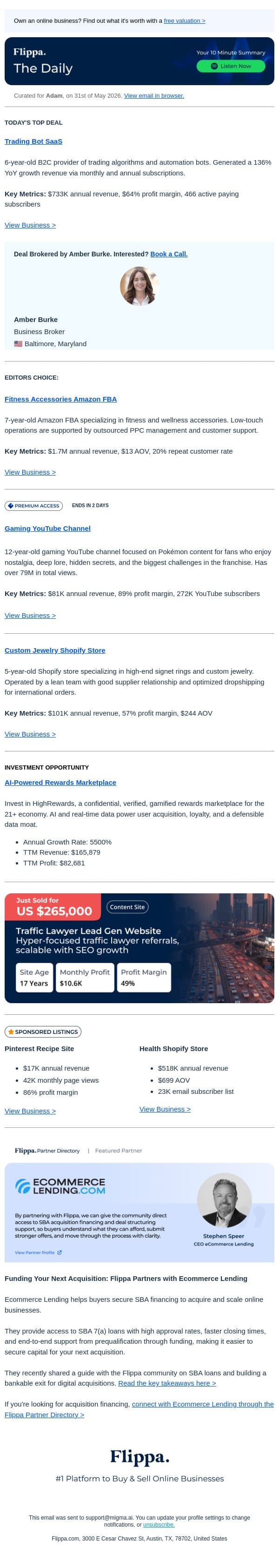 89% Margin Gaming Channel + $1.7M Amazon Fitness Brand + 6-Yr Trading SaaS email from Flippa screenshot