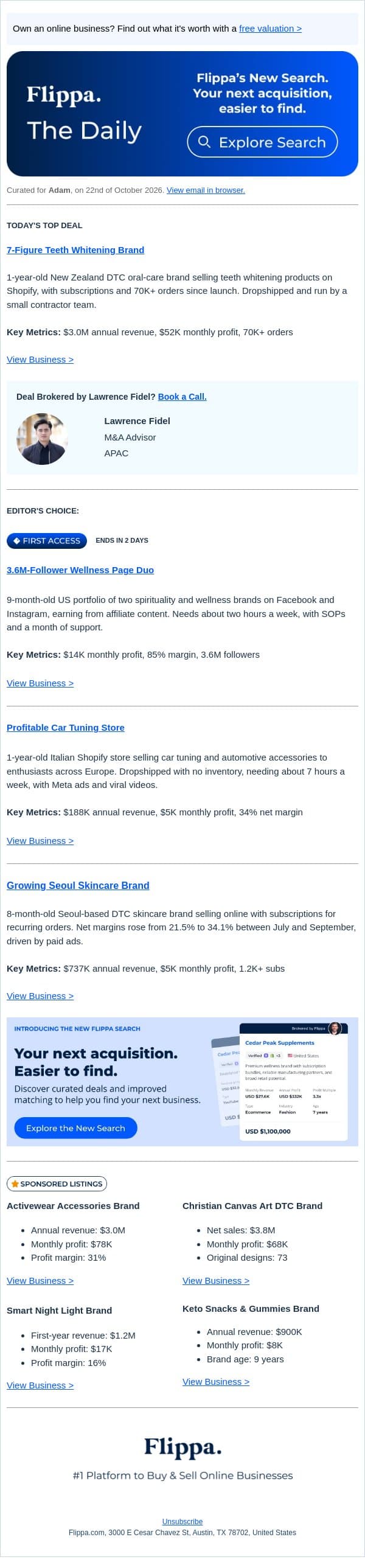 $3.0M Teeth Whitening Brand + 3.6M-Follower Wellness Page Duo email from Flippa screenshot