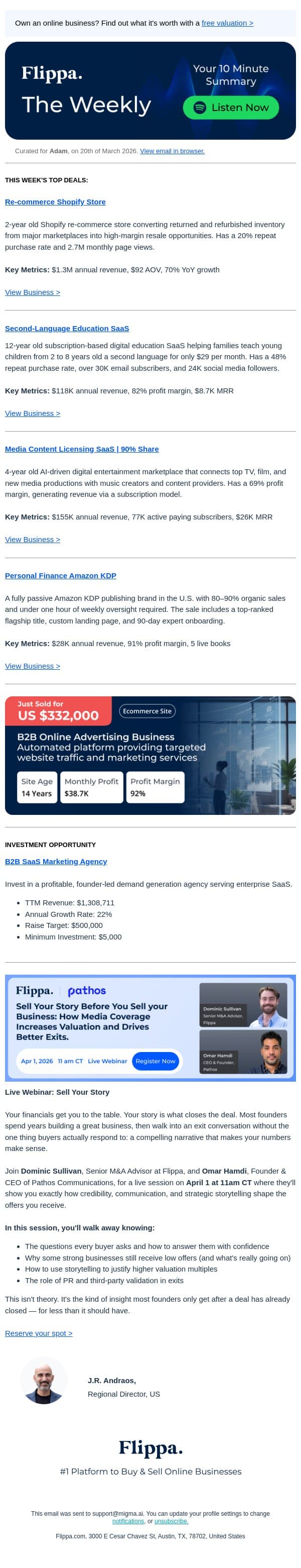 This Week's Top Deals including a Re-commerce Shopify Store and more. email from Flippa screenshot