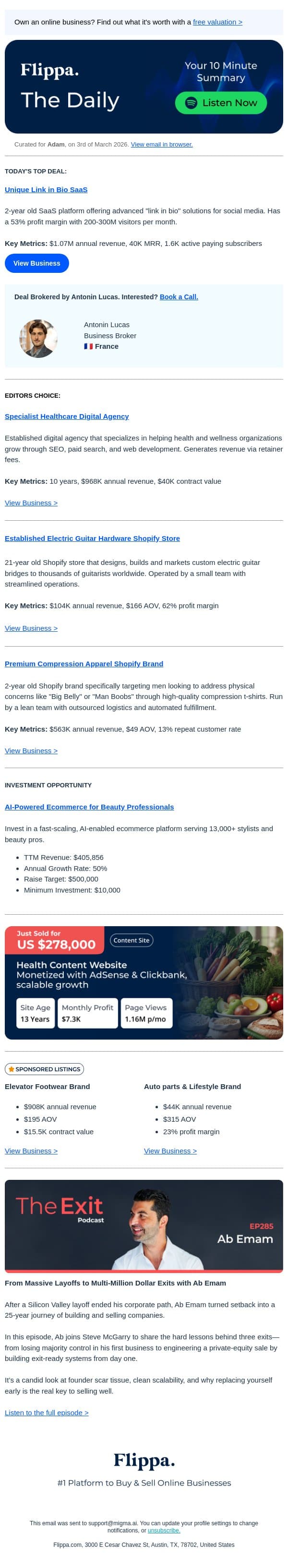 $1.07M Annual Rev Link in Bio SaaS + More email from Flippa screenshot
