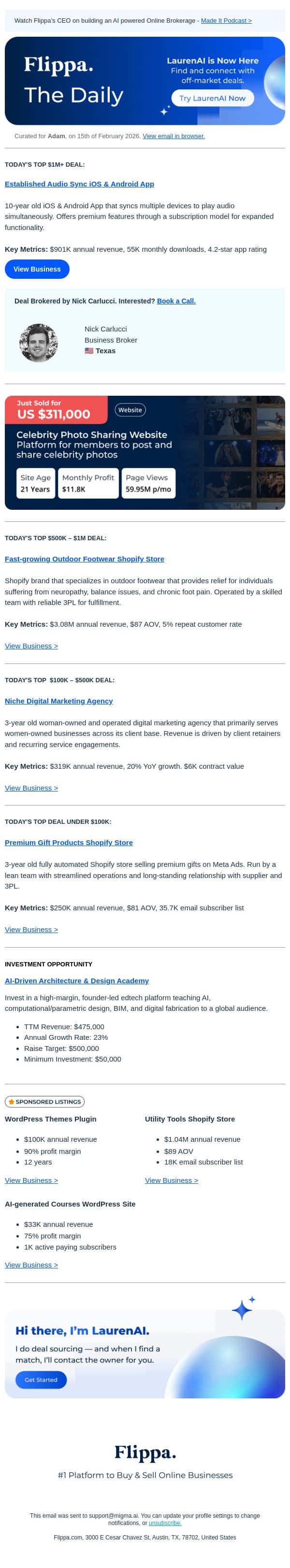 10-Year-Old Audio App + $3.08M Outdoor Footwear Brand email from Flippa screenshot